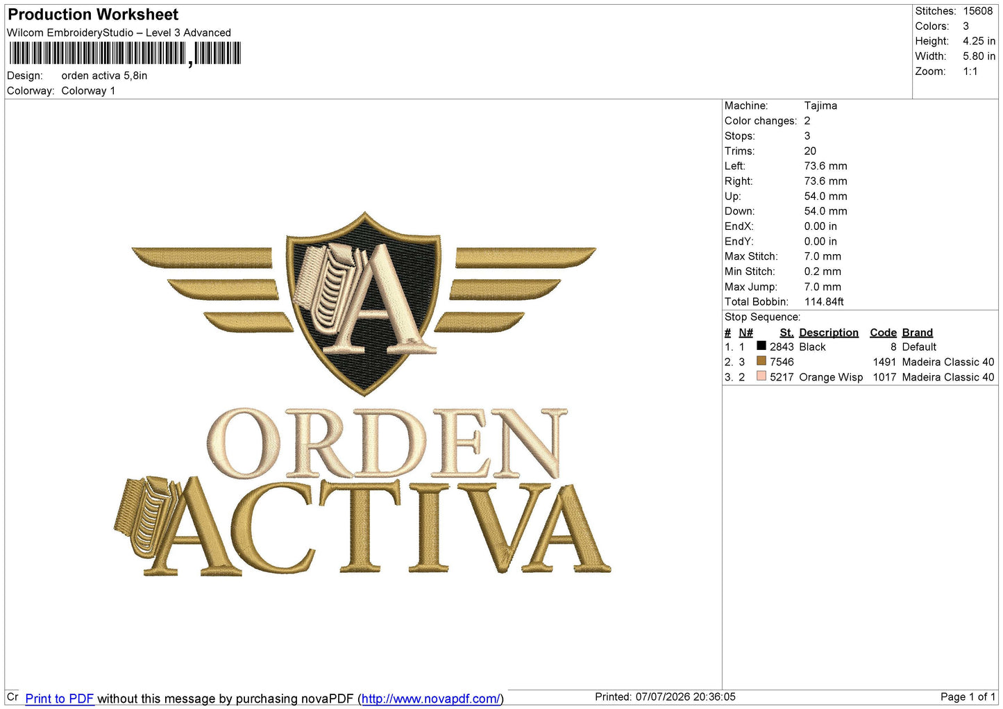 orden activa Embroidery File 6 size