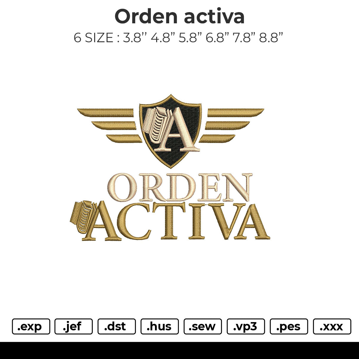 orden activa Embroidery File 6 size