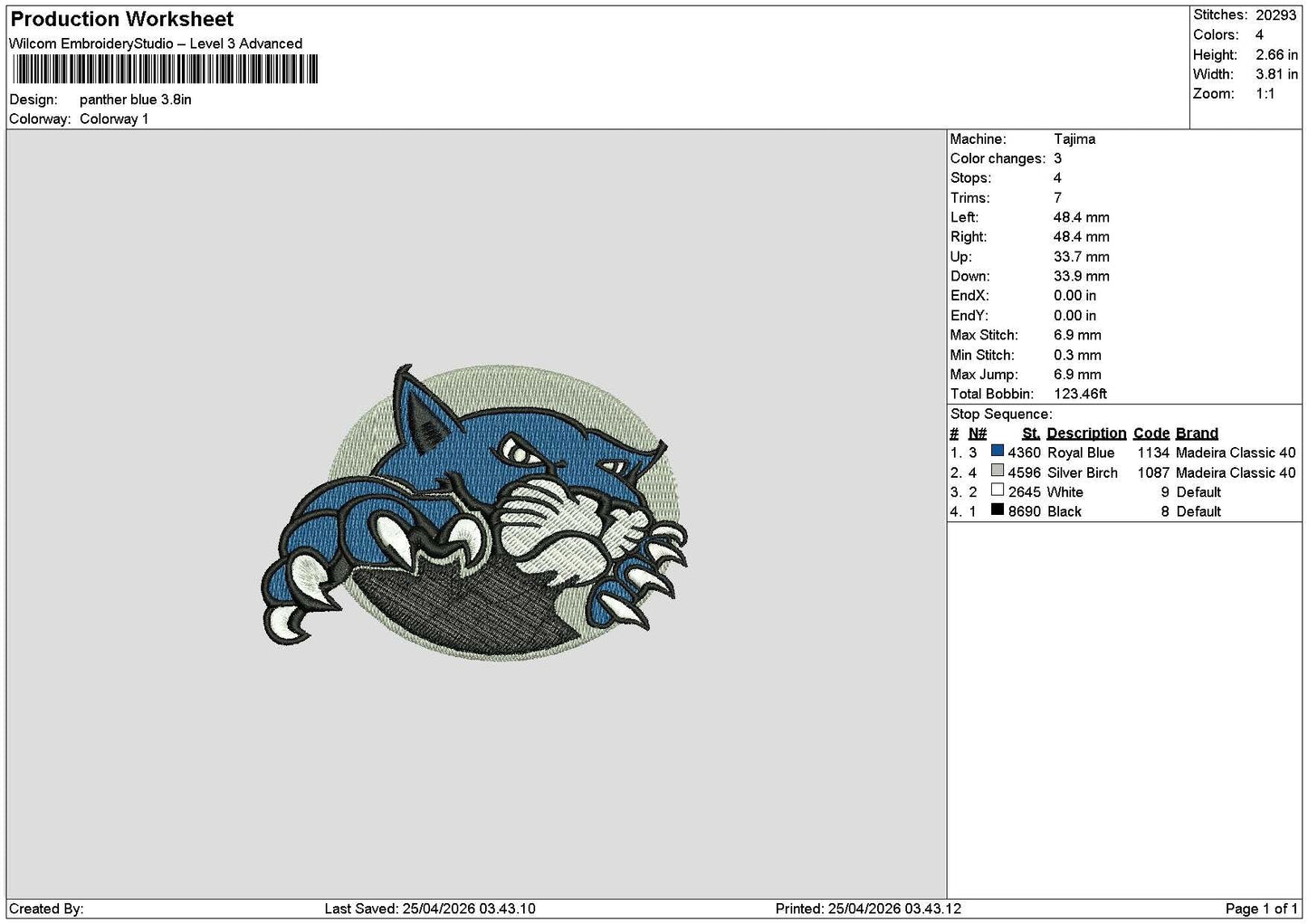 Panther 2404 Embroidery File 6 sizes