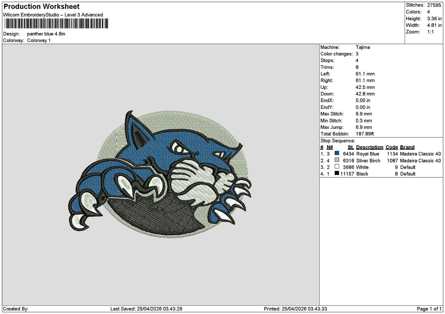 Panther 2404 Embroidery File 6 sizes
