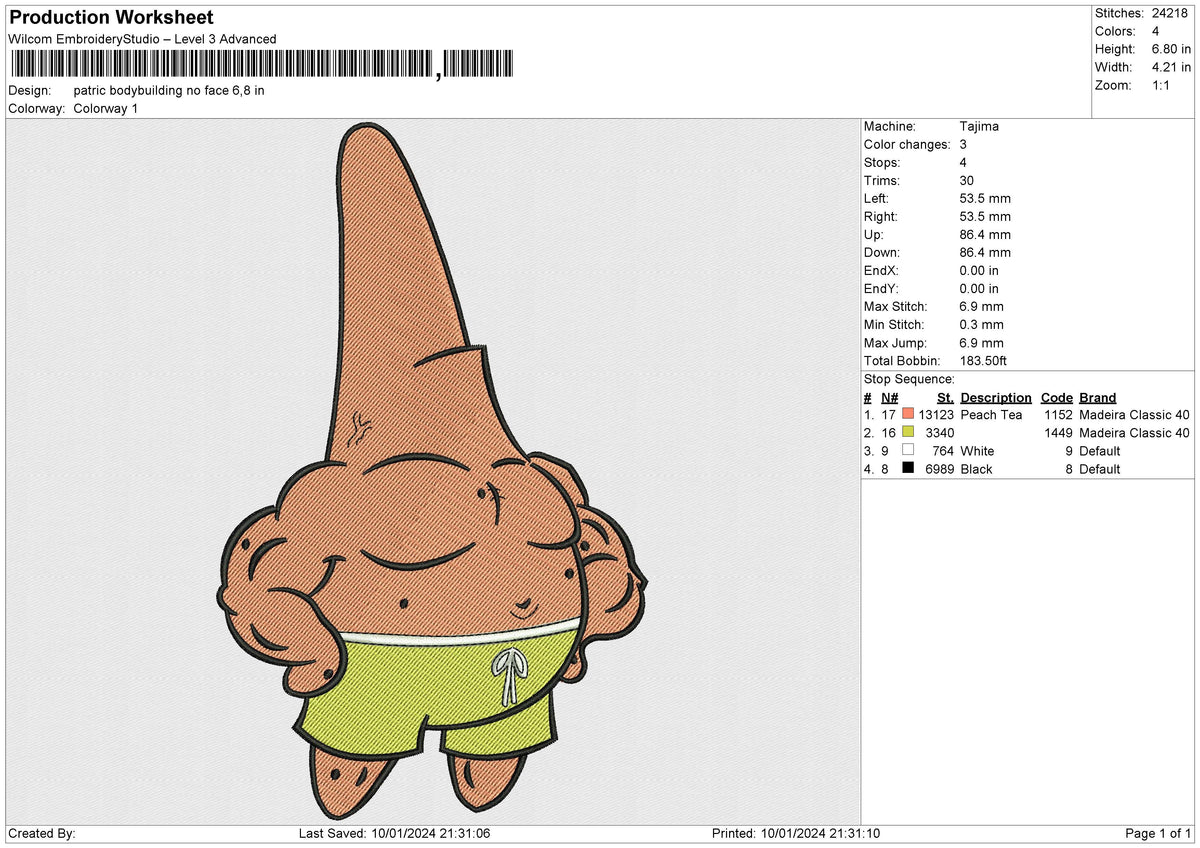 Patric bodybuilding no face Embroidery File 6 size