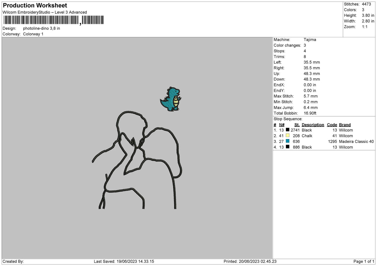 Photoline Dino Embroidery File 6 sizes