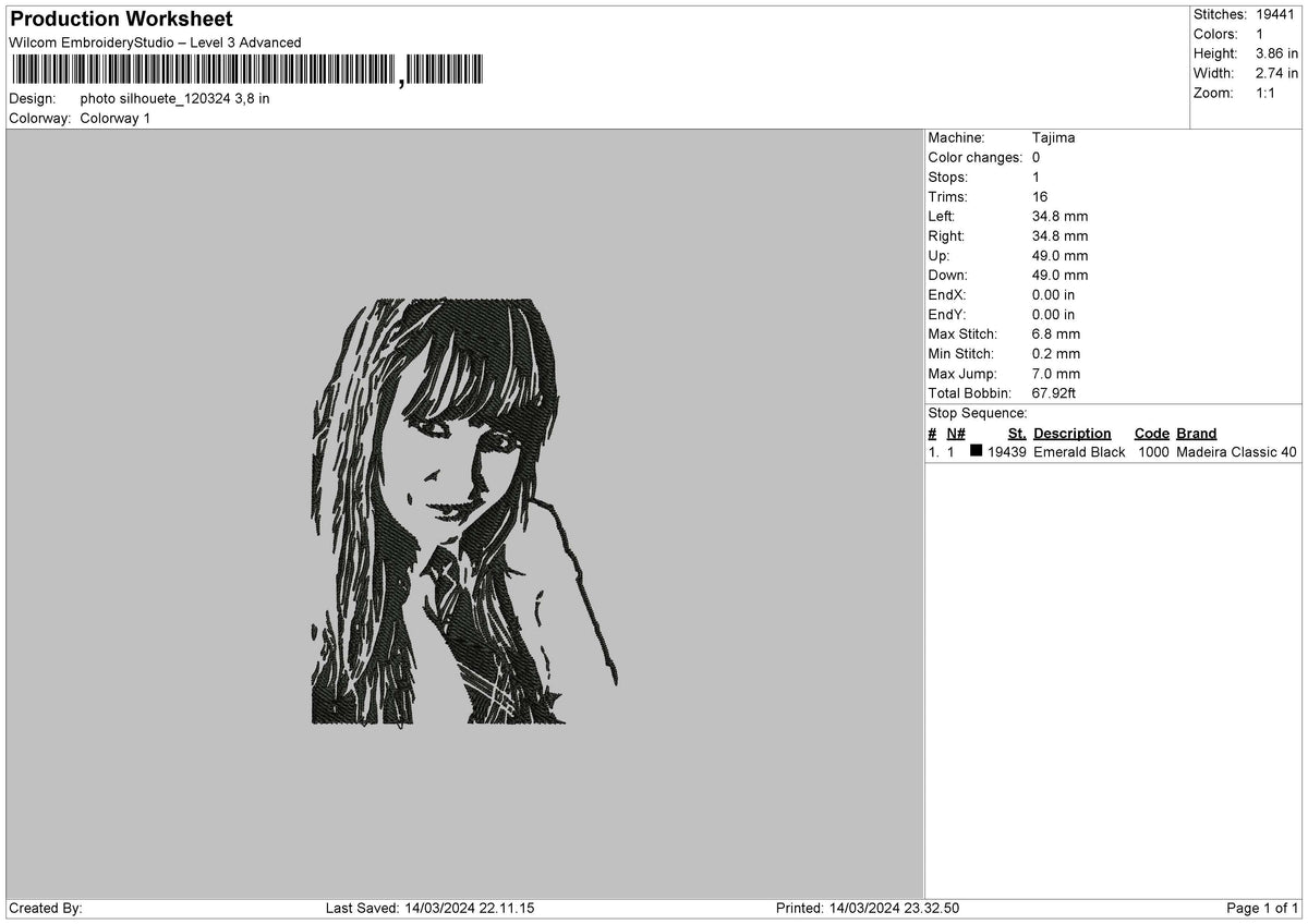 Photo Sillhouete Embroidery File 6 sizes