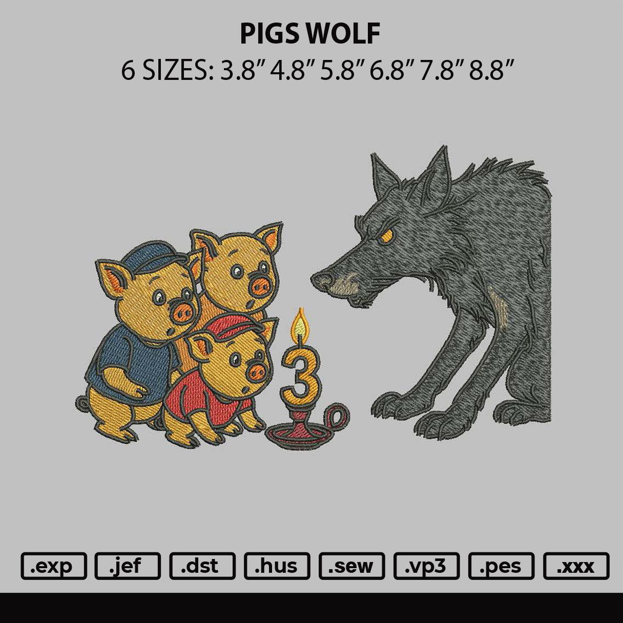 Pigs Wolf Embroidery File 6 sizes