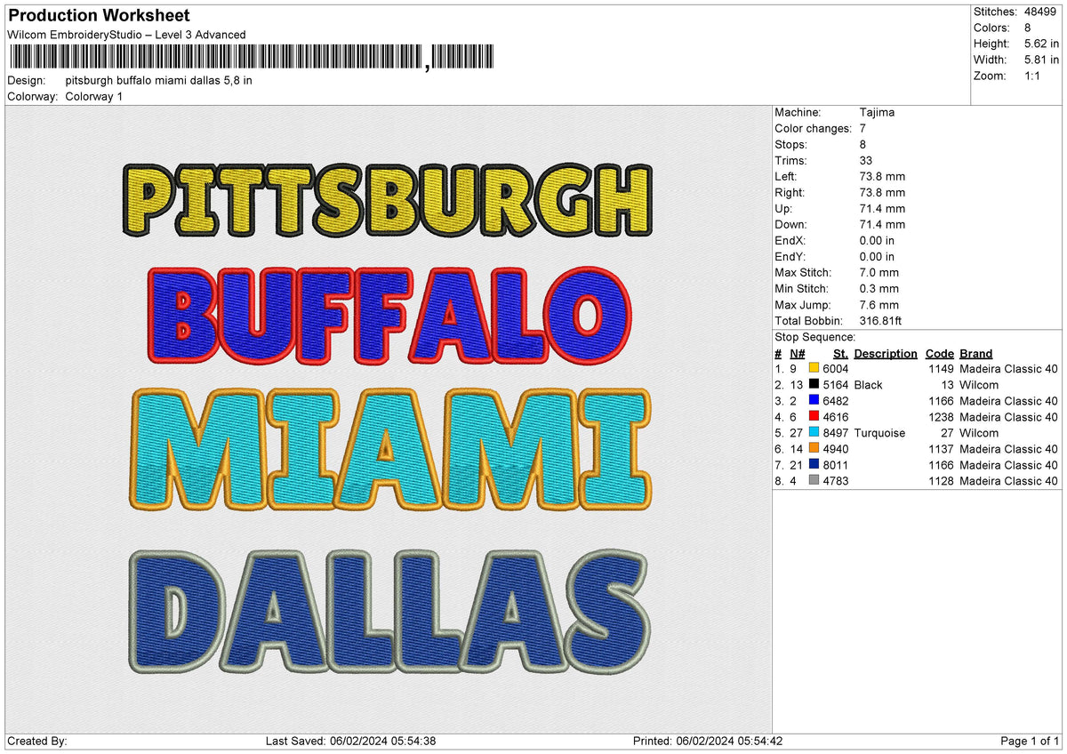pitsburgh buffalo miami dallas Embroidery File 6 size