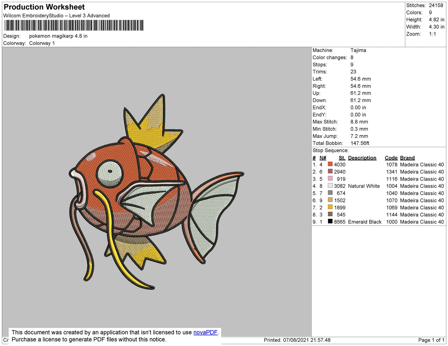 Pokemon Magikarp Embroidery