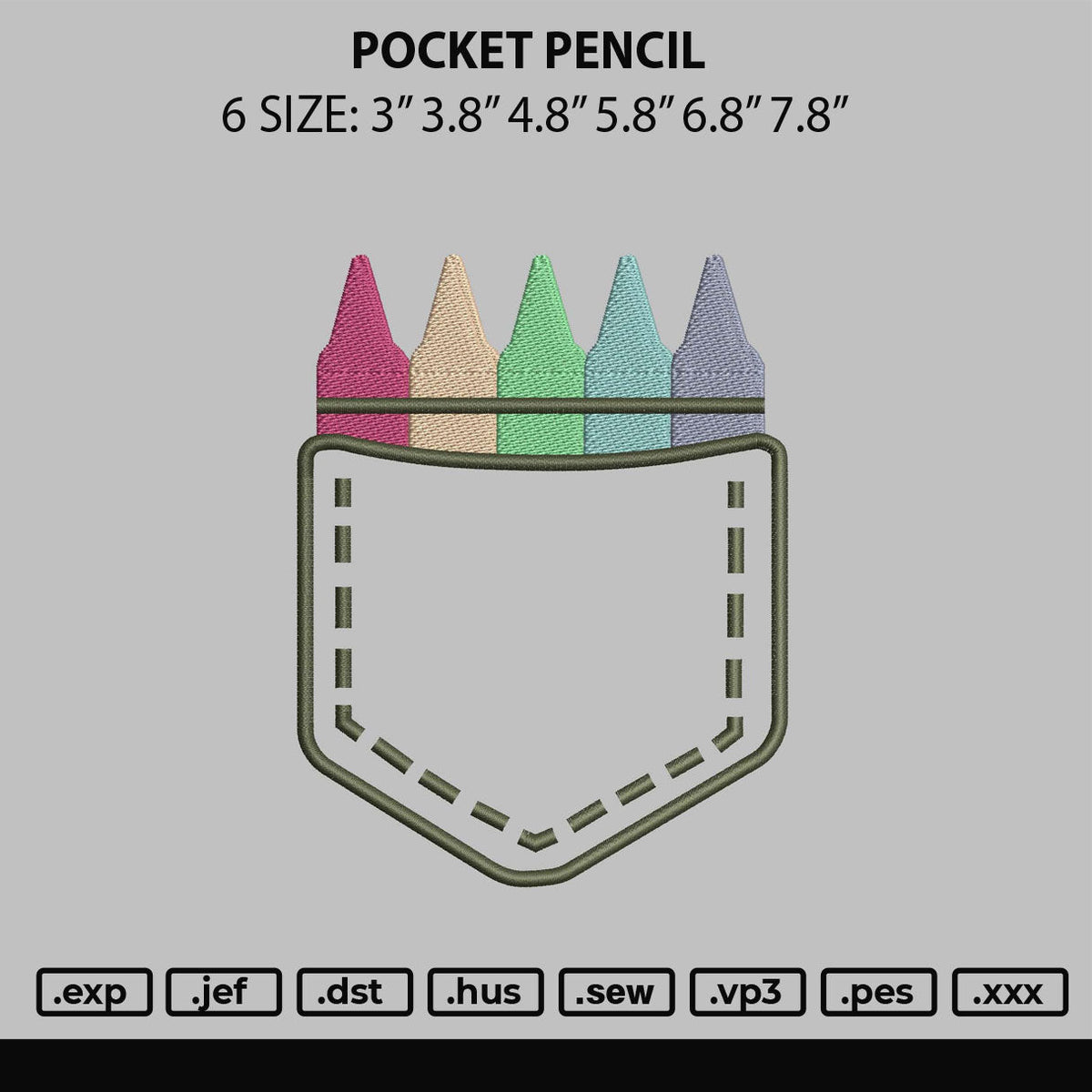 Pocket Pencil Embroidery File 6 sizes