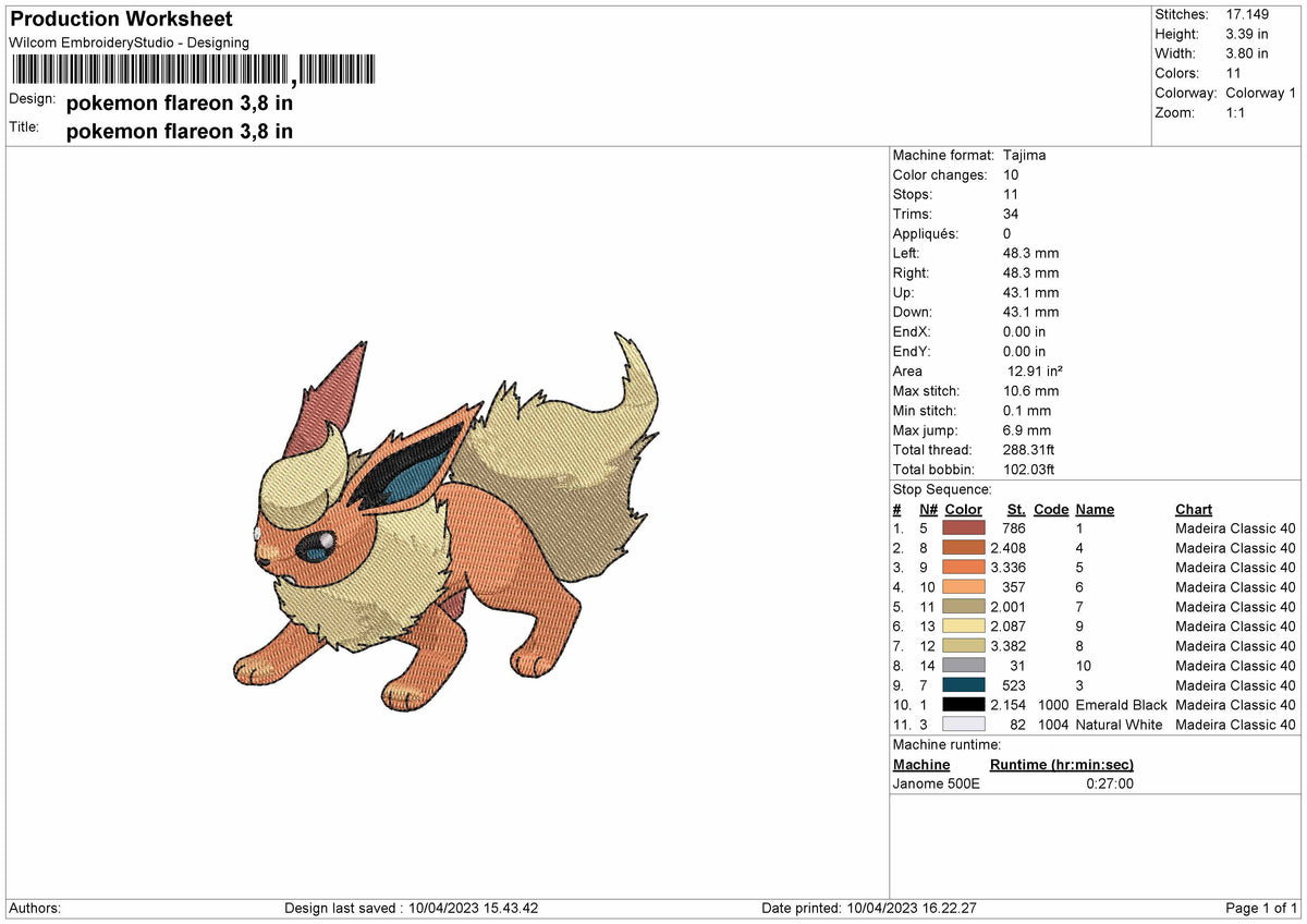 Pokemon Flareon Embroidery