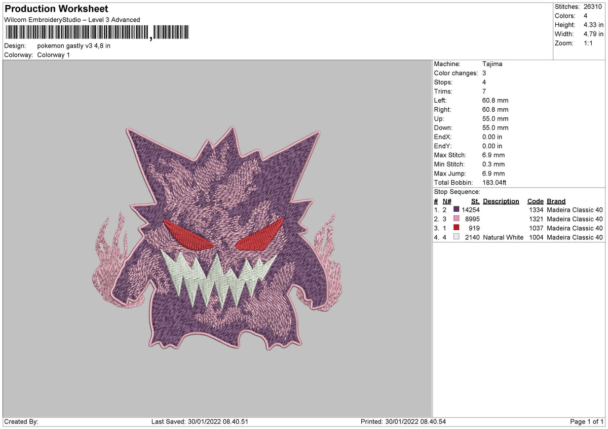 Pokemon Gastly V3 Embroidery
