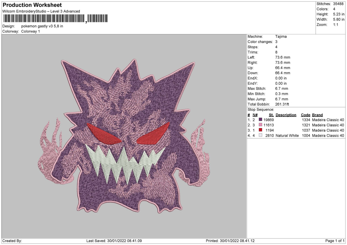 Pokemon Gastly V3 Embroidery