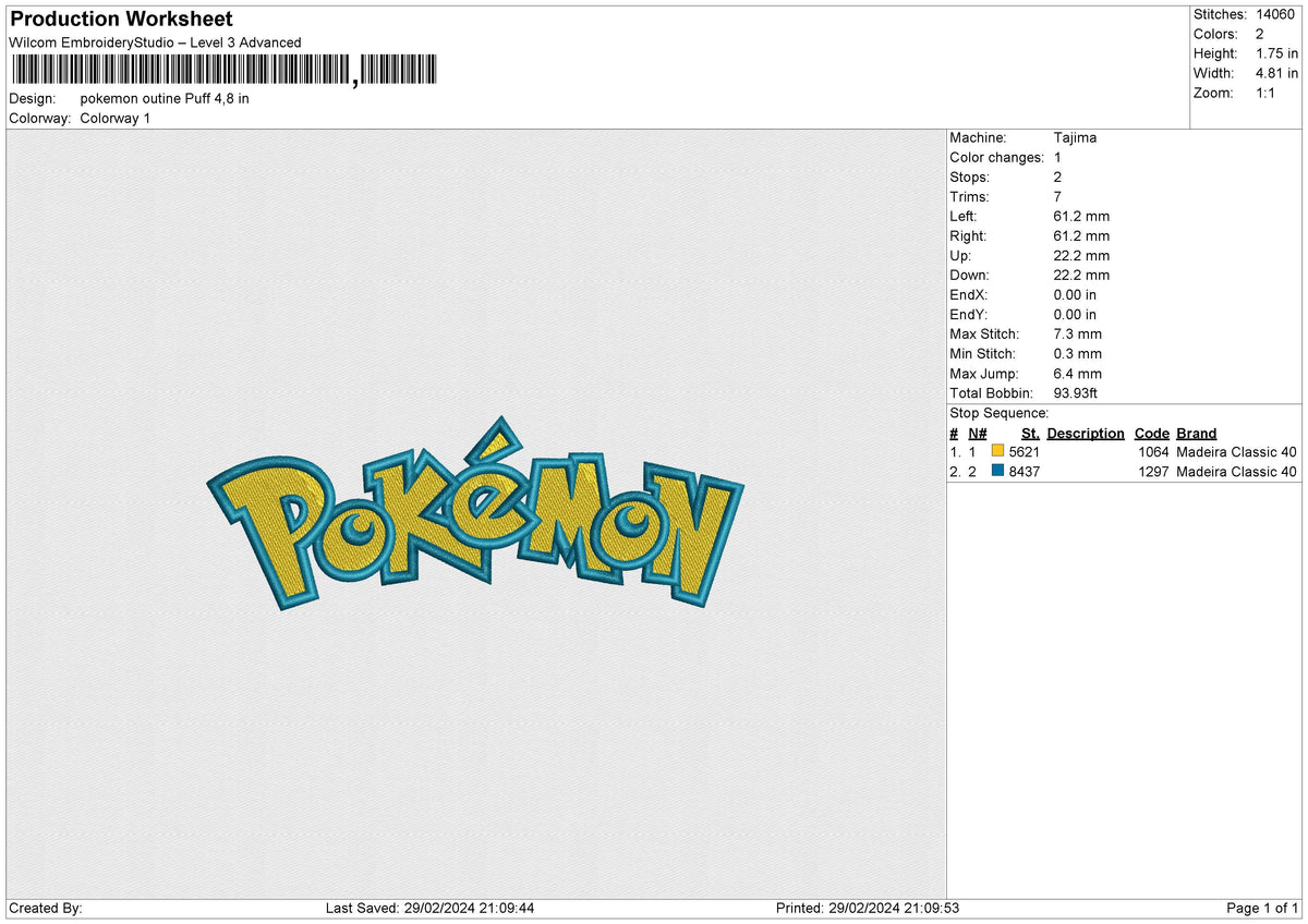 Pokemon outine Puff Embroidery 6 size