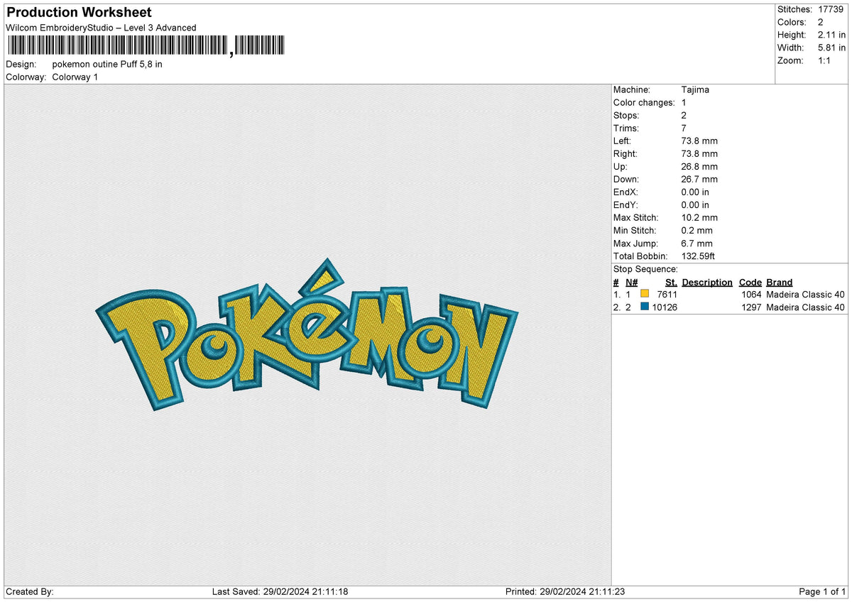 Pokemon outine Puff Embroidery 6 size