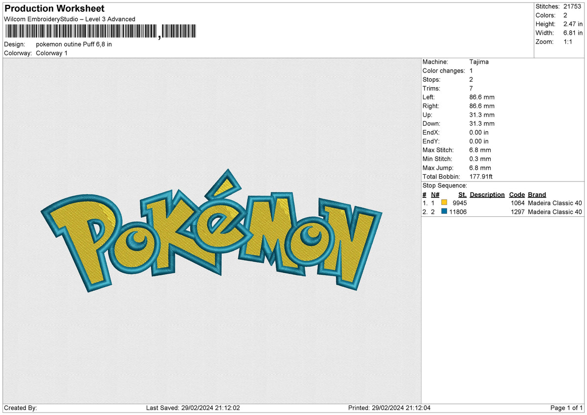 Pokemon outine Puff Embroidery 6 size