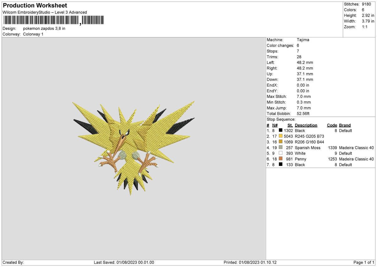 Pokemon Zapdos Embroidery File 6 sizes