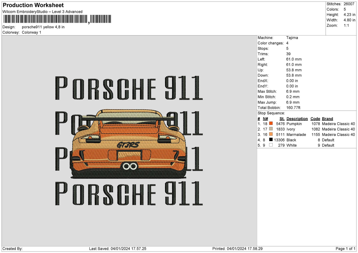 Porsche Yellow Embroidery File 6 sizes