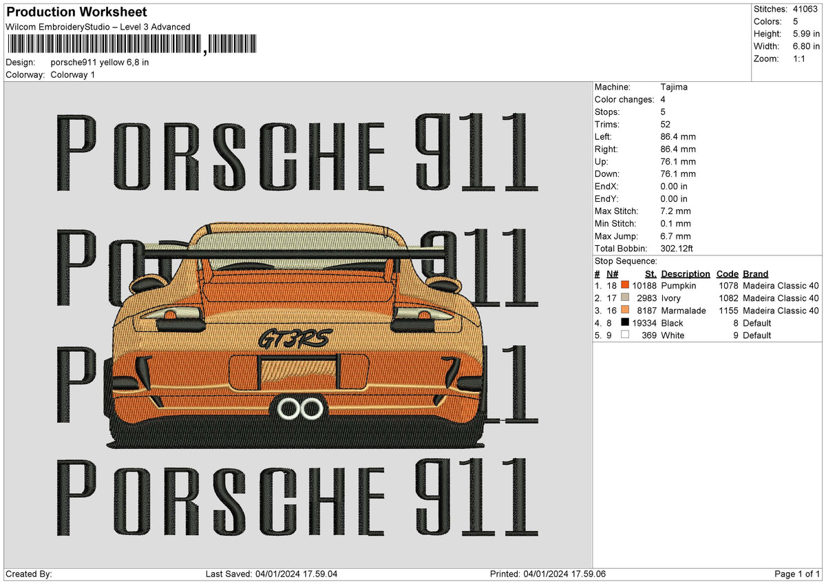 Porsche Yellow Embroidery File 6 sizes