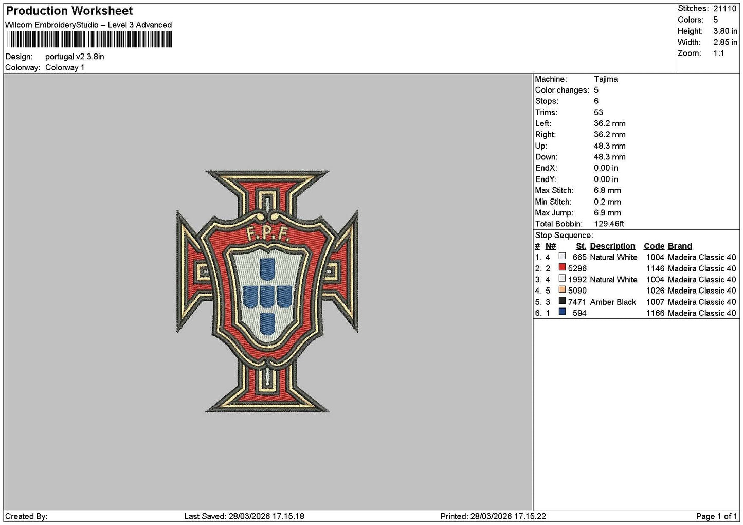Portugal V2 Embroidery File 6 sizes