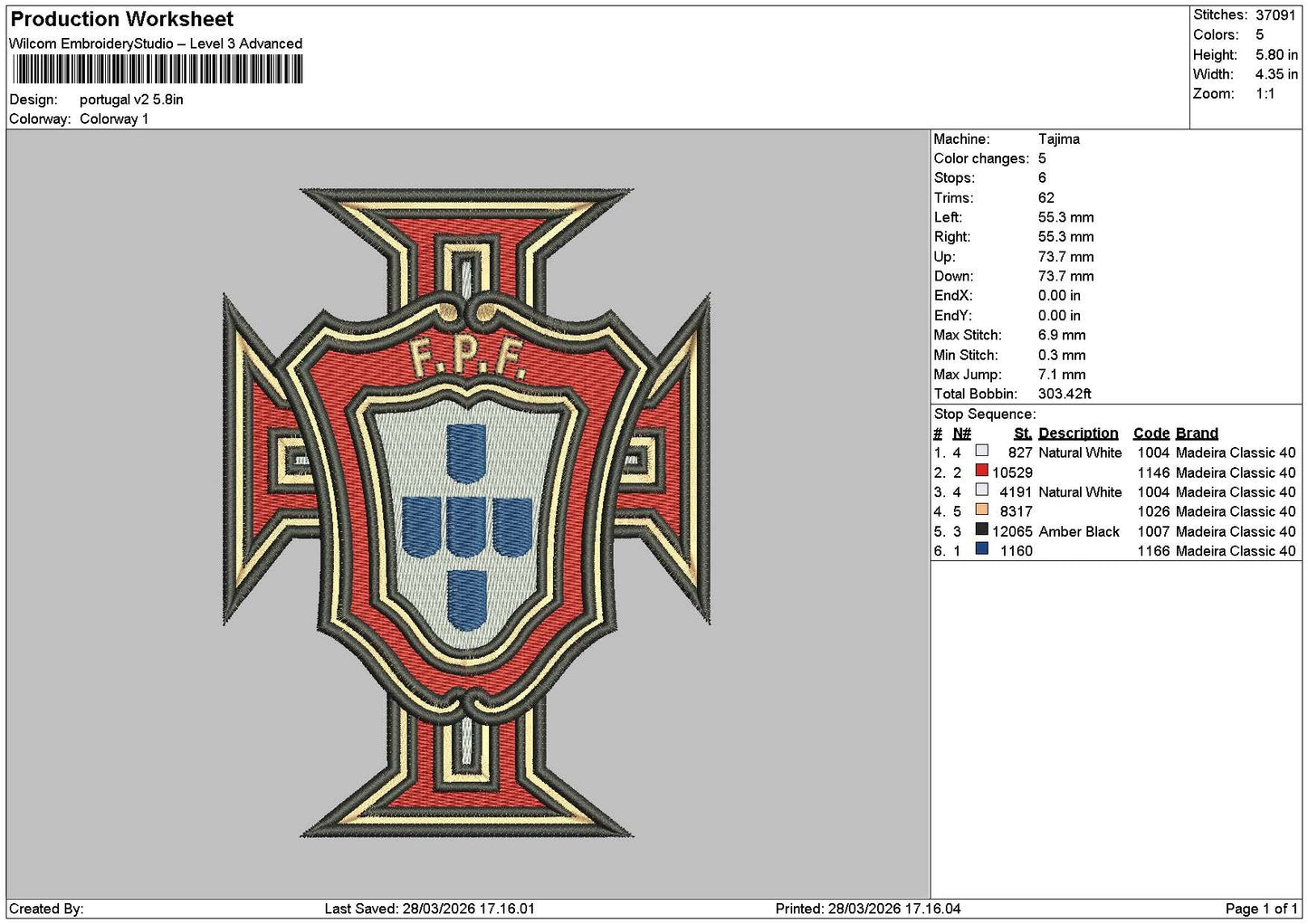 Portugal V2 Embroidery File 6 sizes