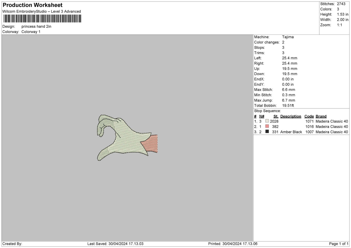 Princess Hand 02 Embroidery File 6 sizes