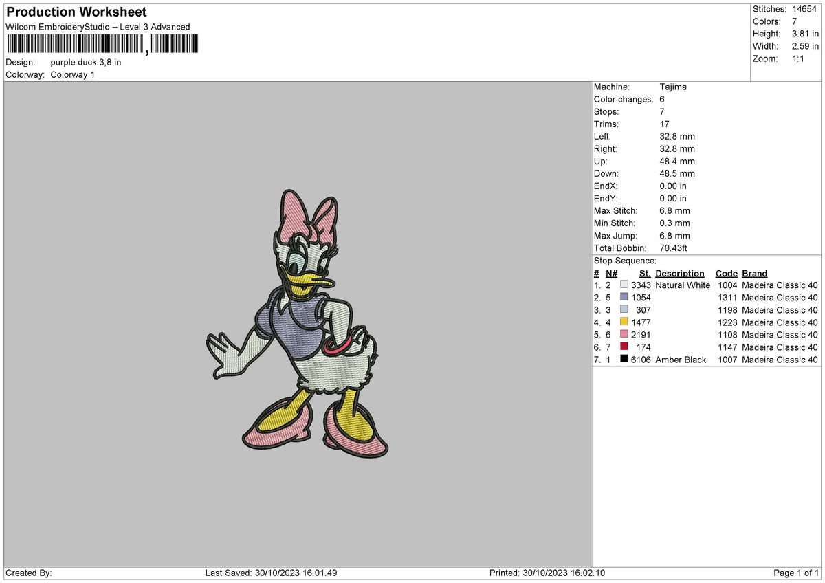Purple Duck Embroidery File 6 sizes