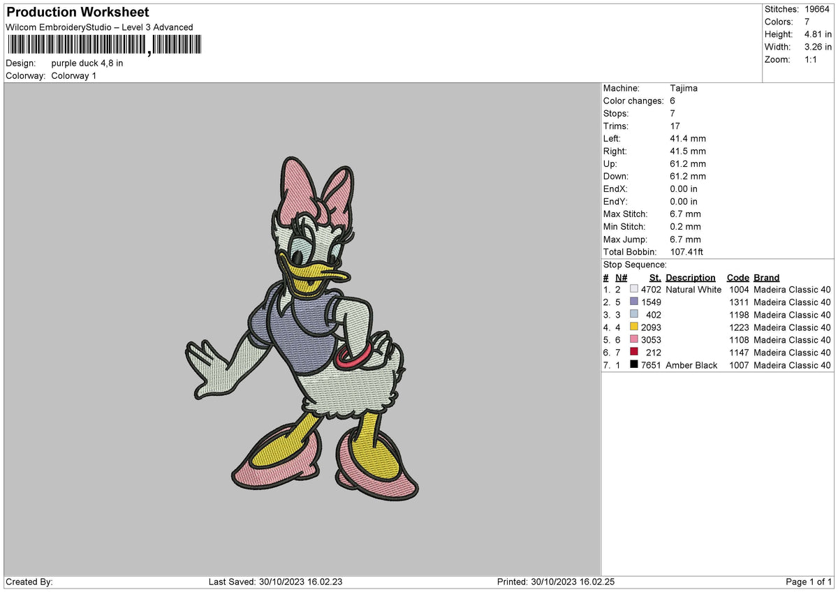Purple Duck Embroidery File 6 sizes