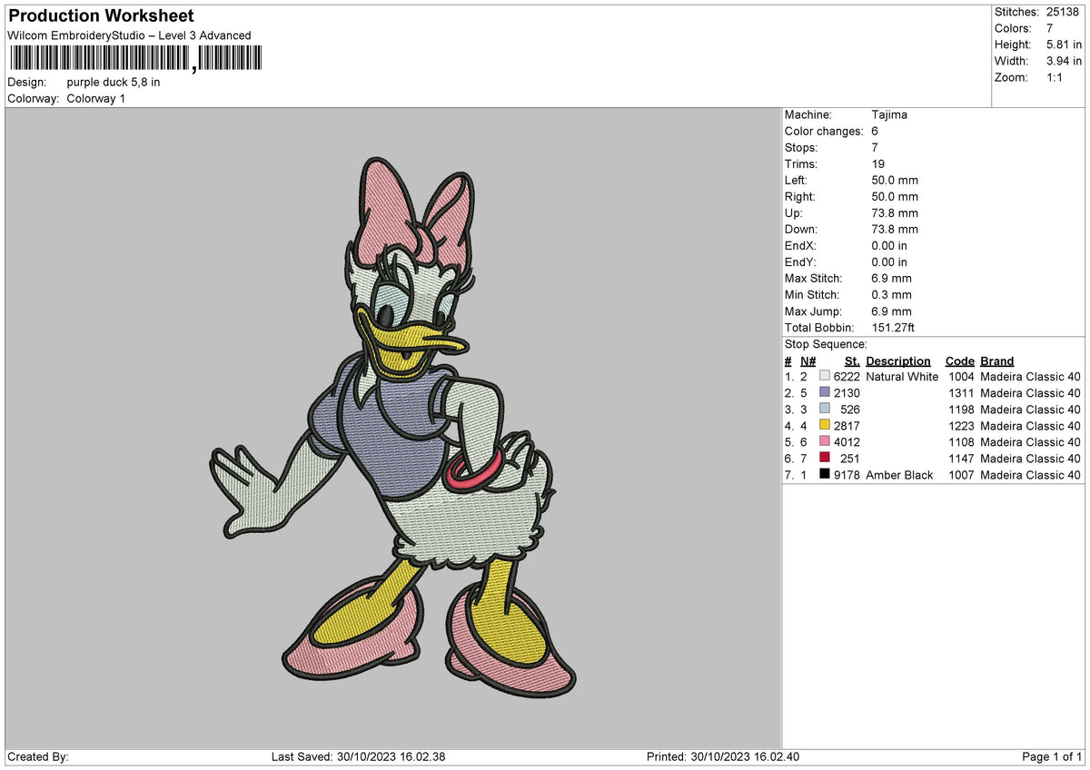 Purple Duck Embroidery File 6 sizes