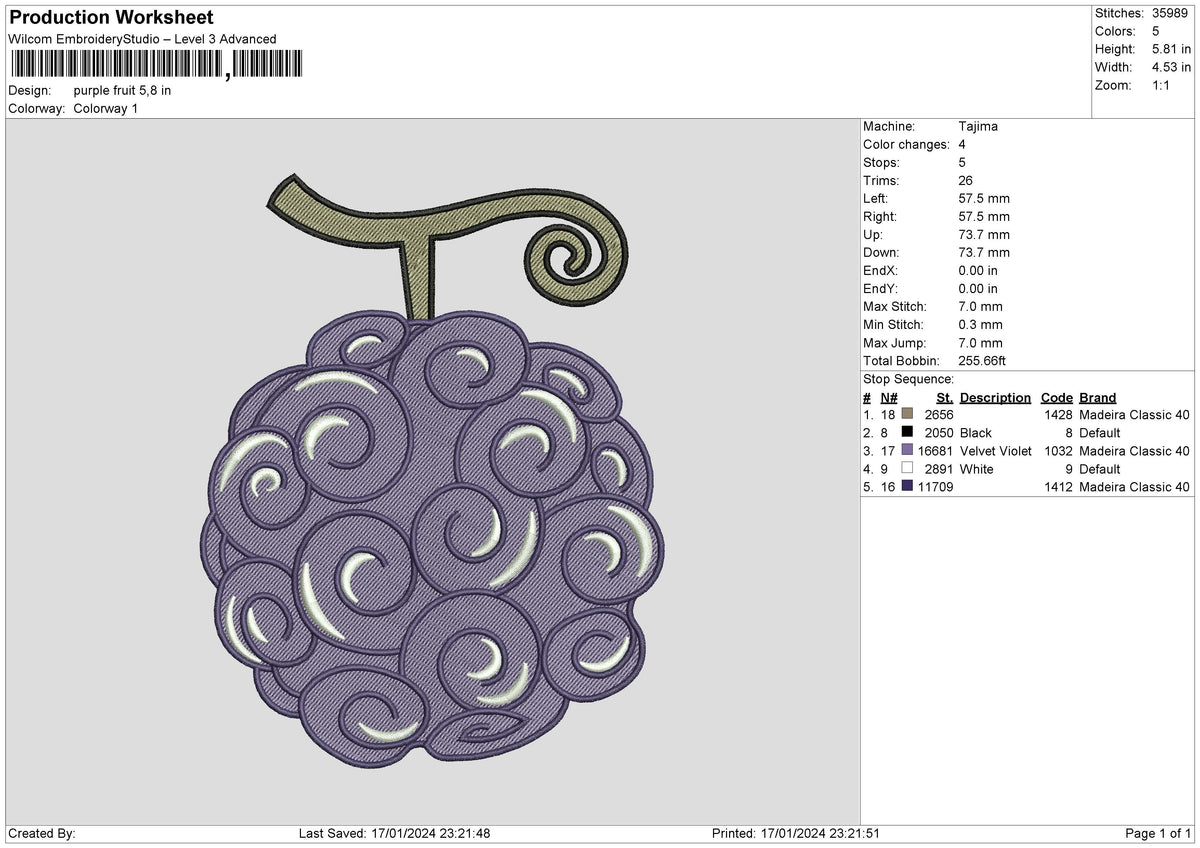 Purple fruit Embroidery File 6 size