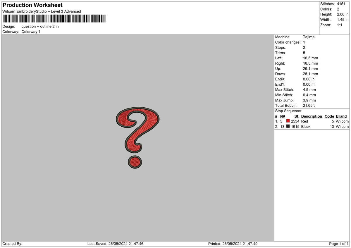 Question Outline Embroidery File 6 sizes