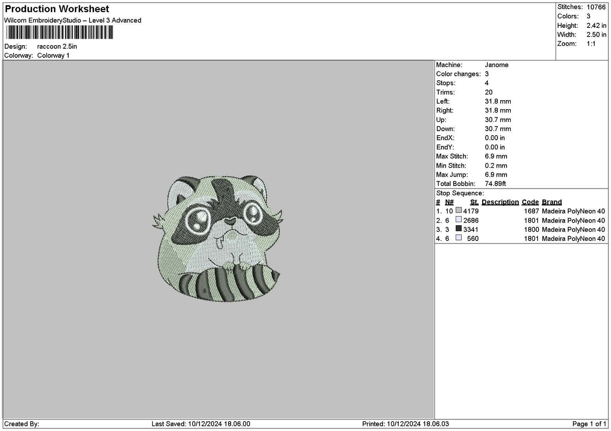 Racoon 04 Embroidery File 6 sizes