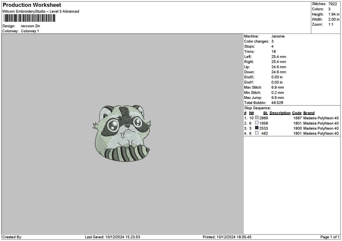 Racoon 04 Embroidery File 6 sizes