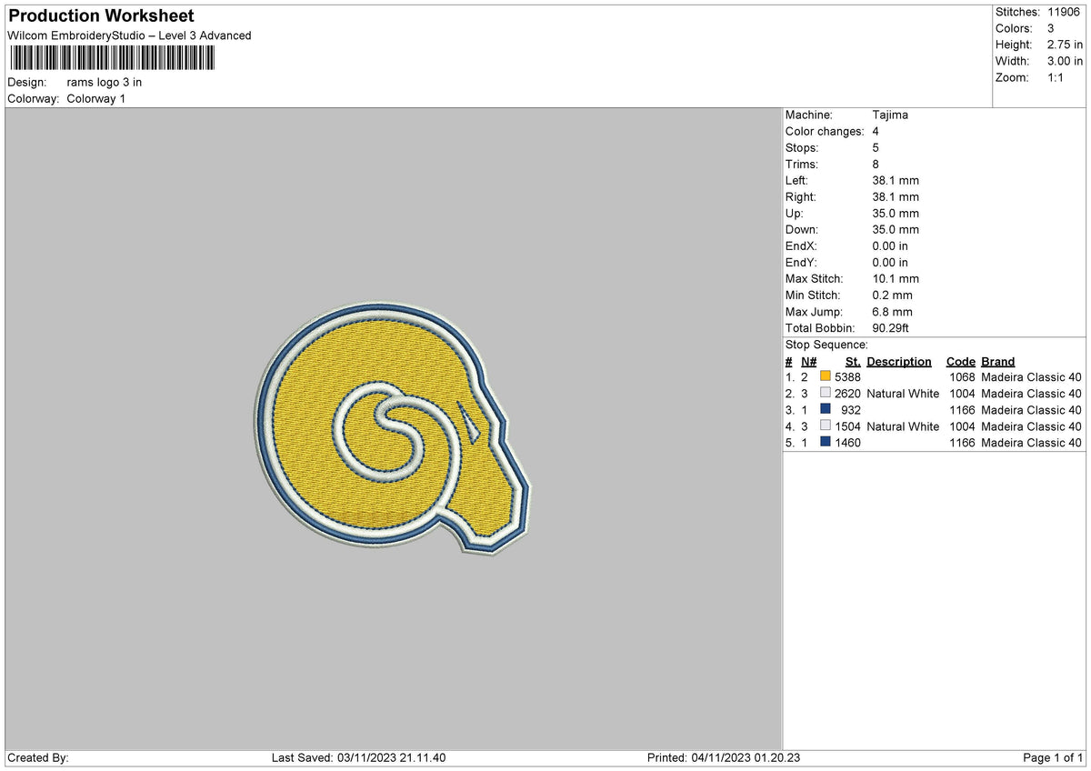 Rams L Emboidery File 6 sizes