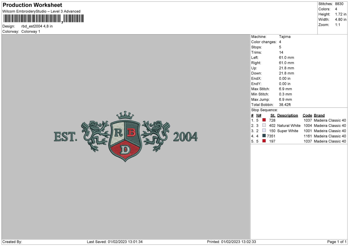 Rbd Est2004 Embroidery File 6 sizes