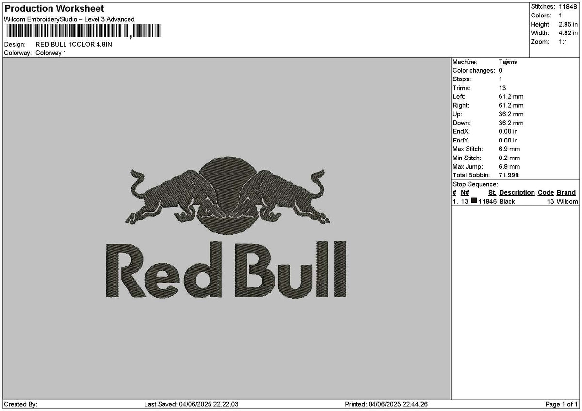 Redbull 1Color Embroidery File 6  sizes