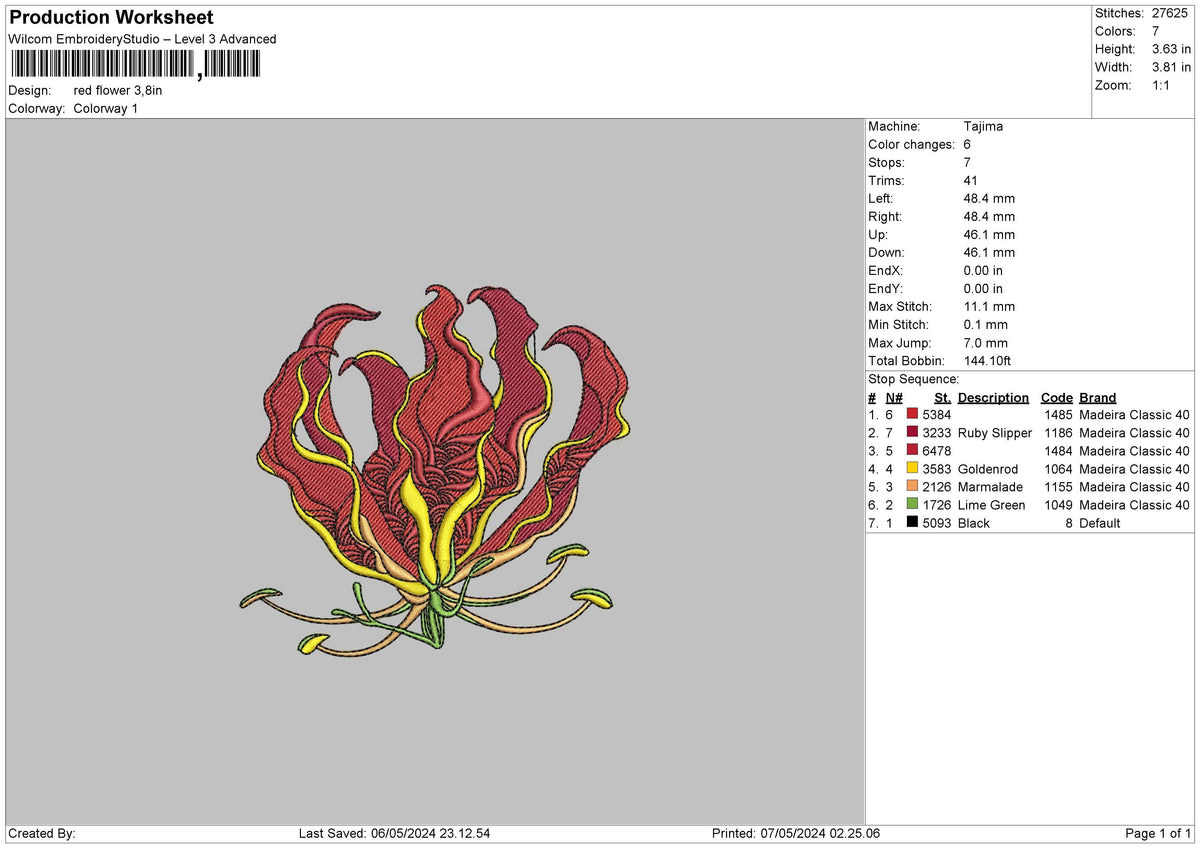 Red Flower Embroidery File 6 sizes
