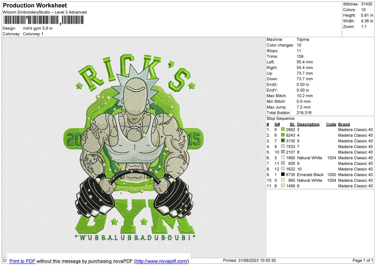 Rick's Gym Embroidery File 6 size
