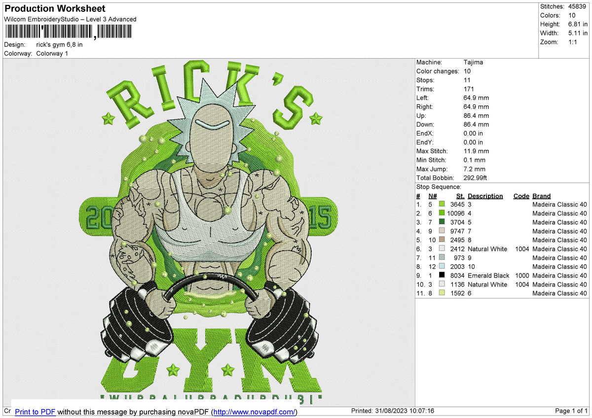Rick's Gym Embroidery File 6 size