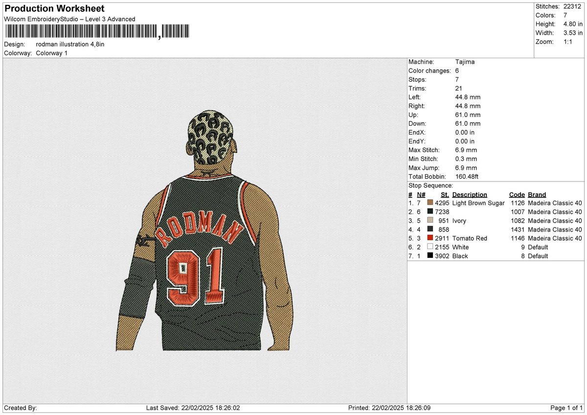 Rodman illustration Embroidery File 6 size