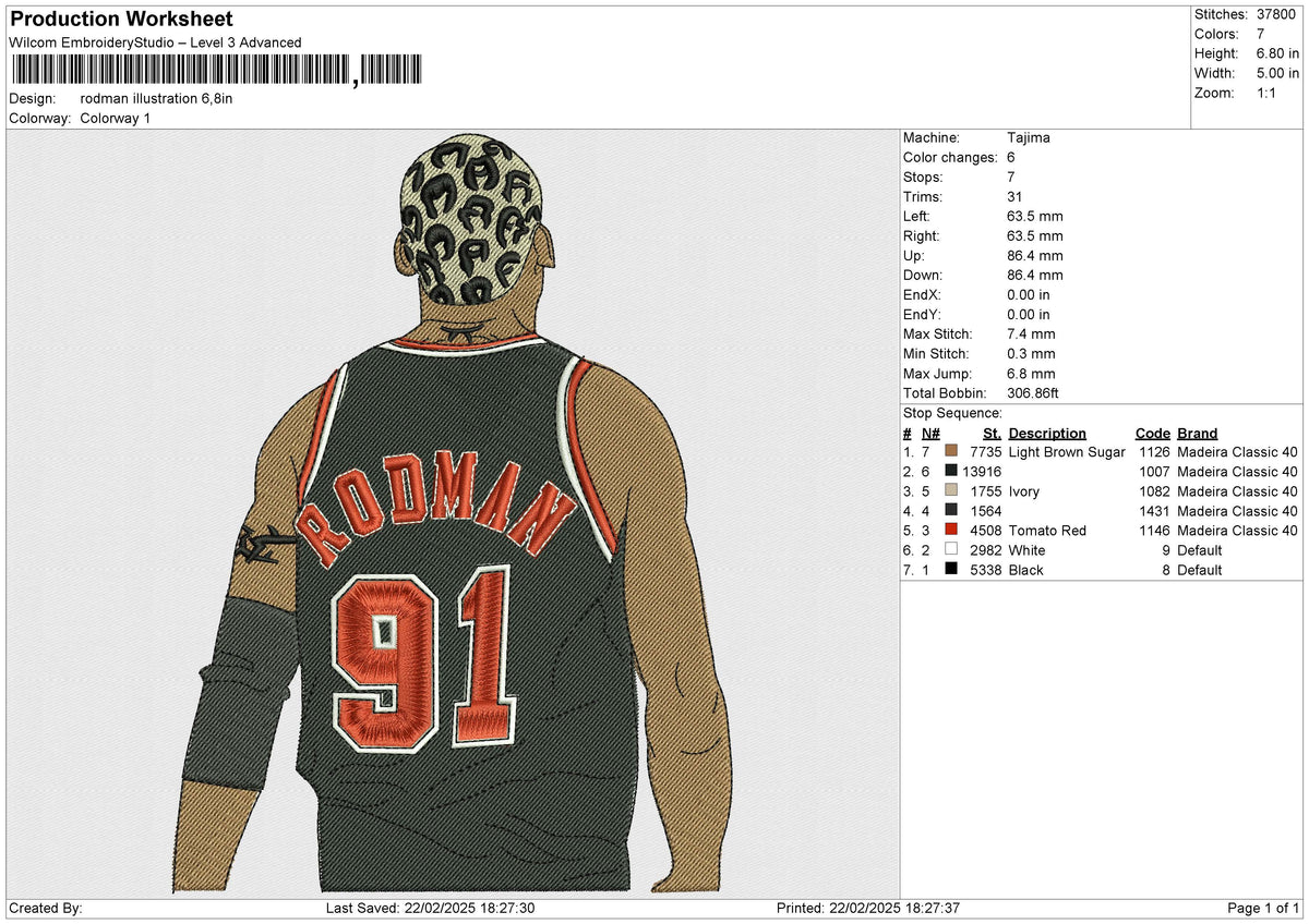 Rodman illustration Embroidery File 6 size