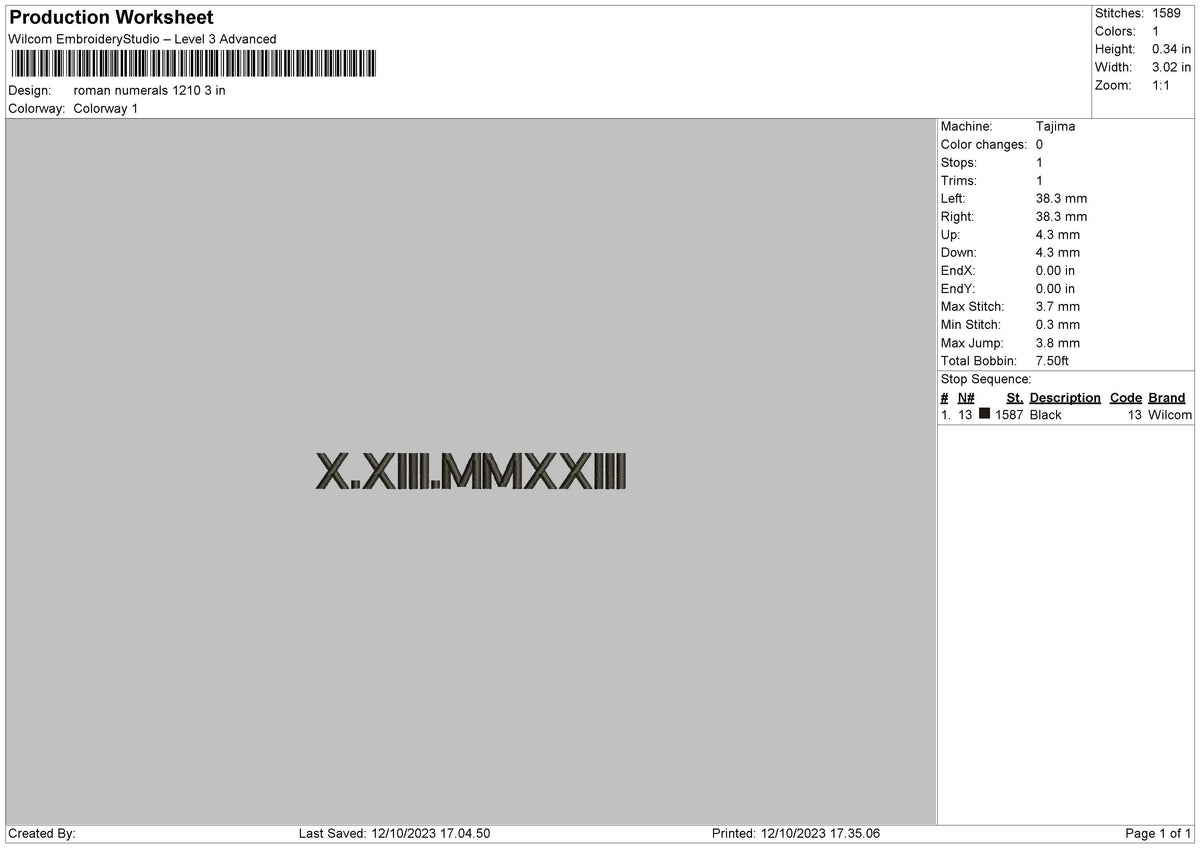 Roman Numerals 1210 Embroidery File 6 sizes