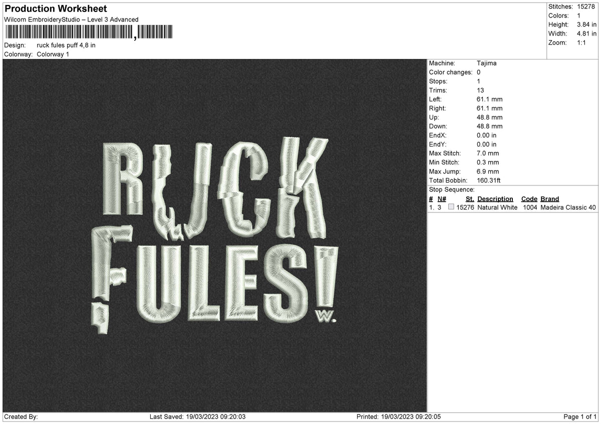 Ruck Puff Embroidery File 6 sizes