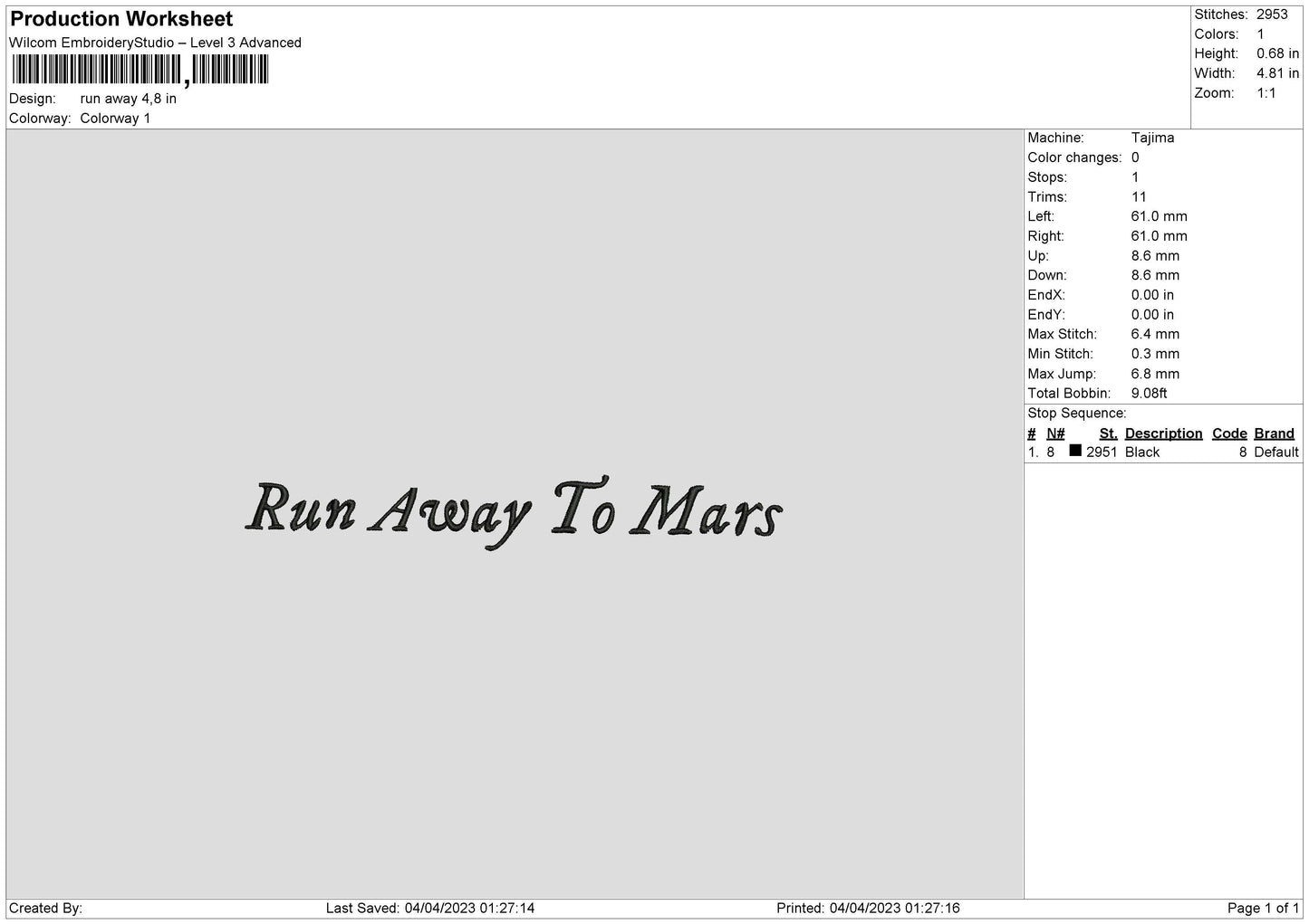 Run Away Embroidery