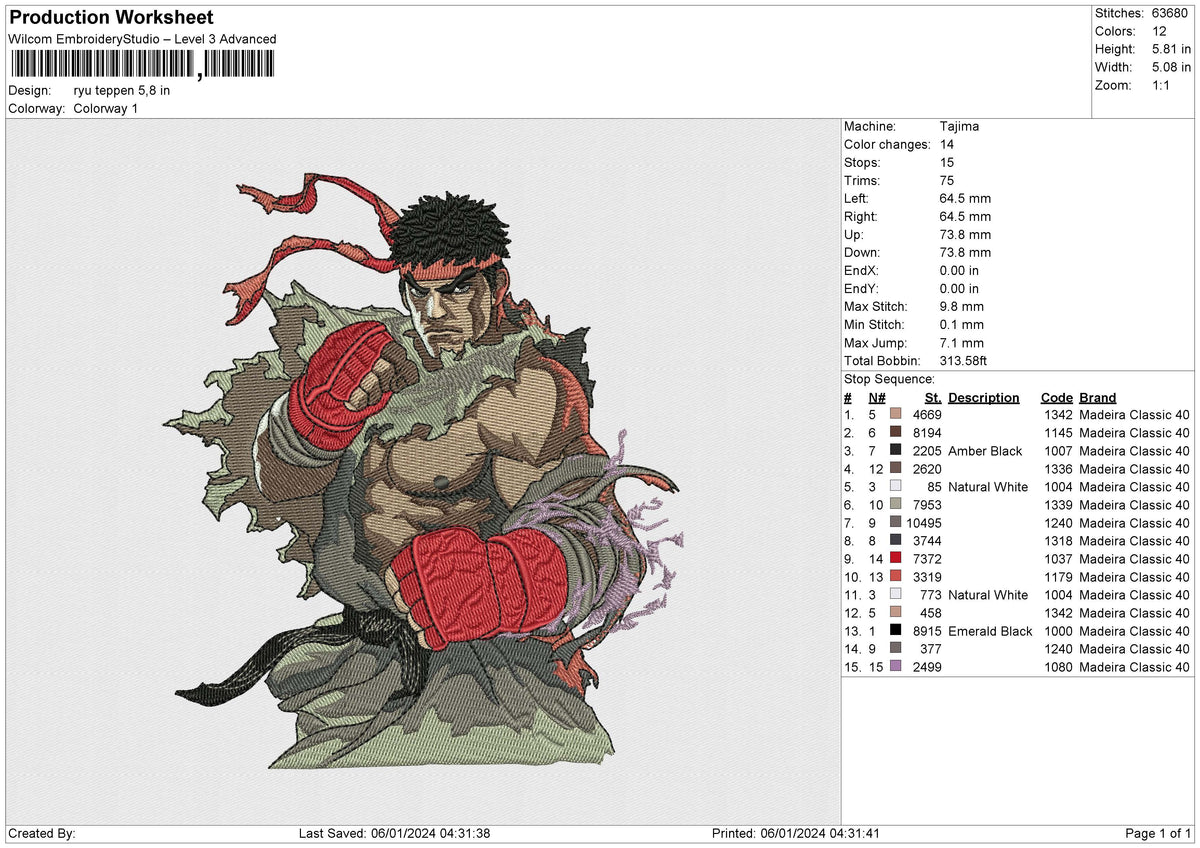 Ryu teppen Embroidery File 6 size