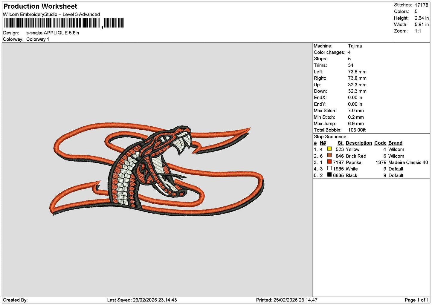 Snake 2502 Embroidery 2 File 6 sizes