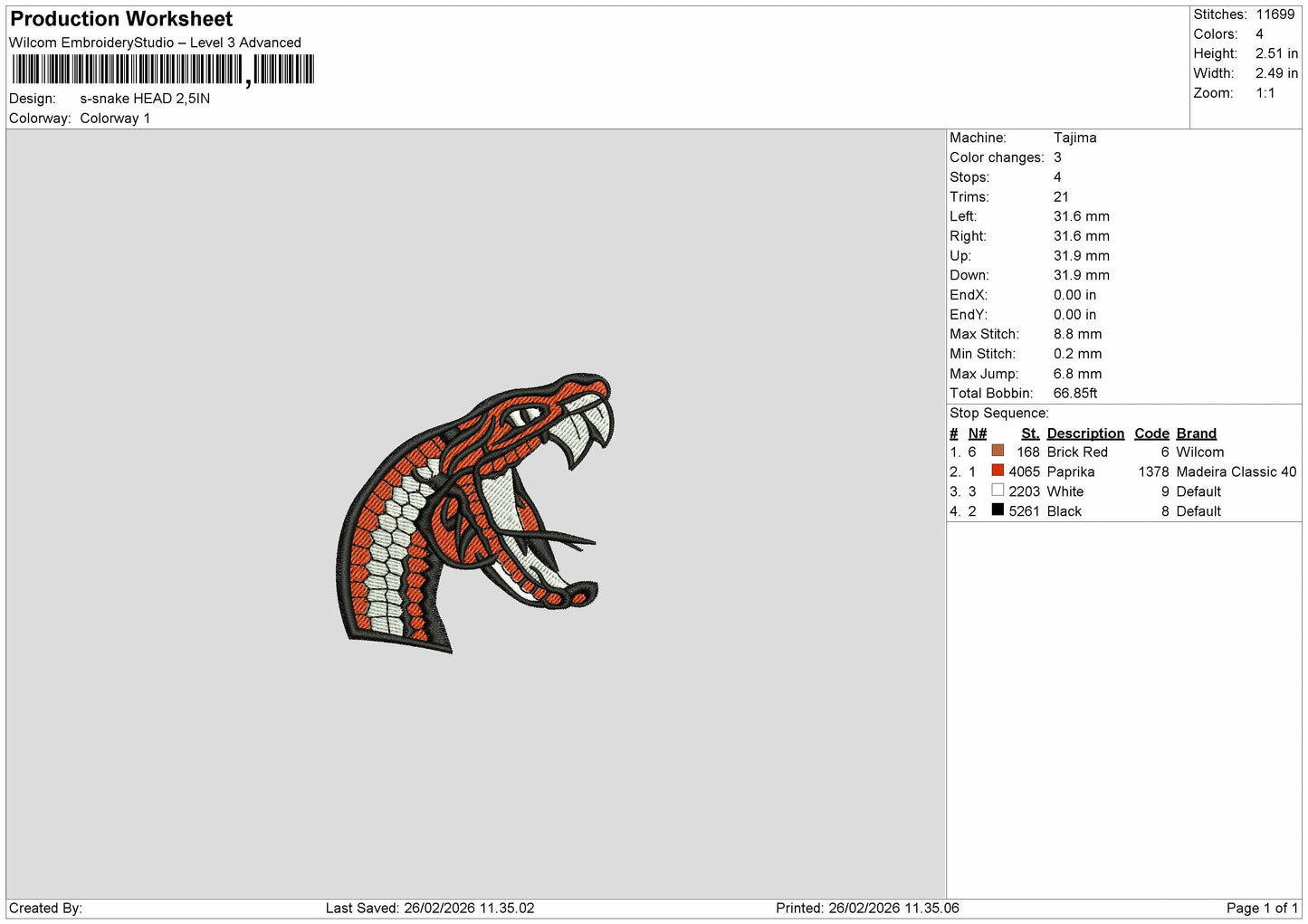 Snake head Embroidery File 6 sizes