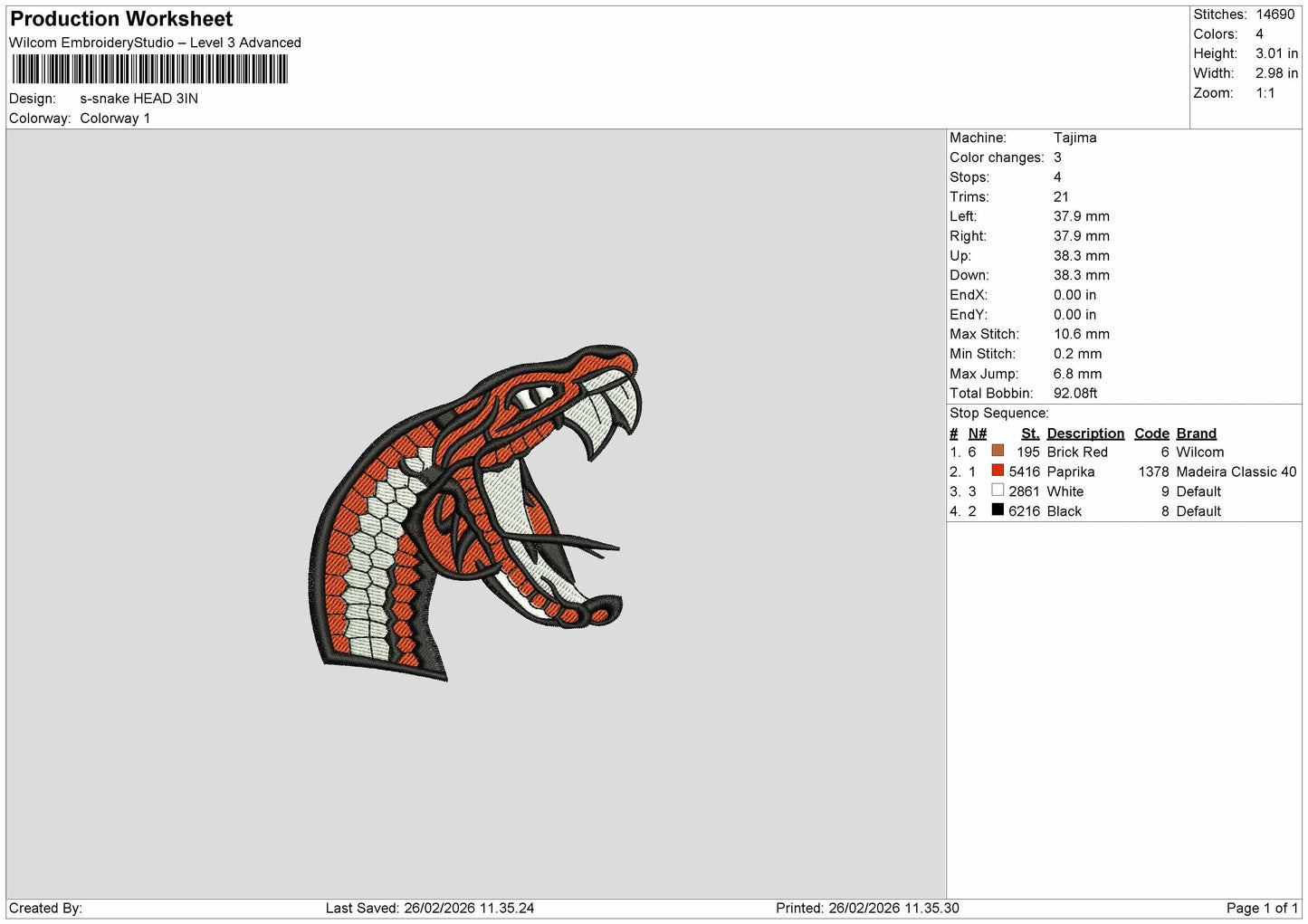 Snake head Embroidery File 6 sizes