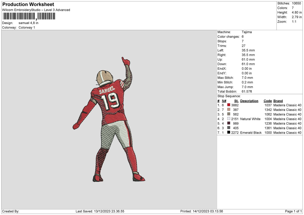 Player 19 Embroidery File 6 sizes