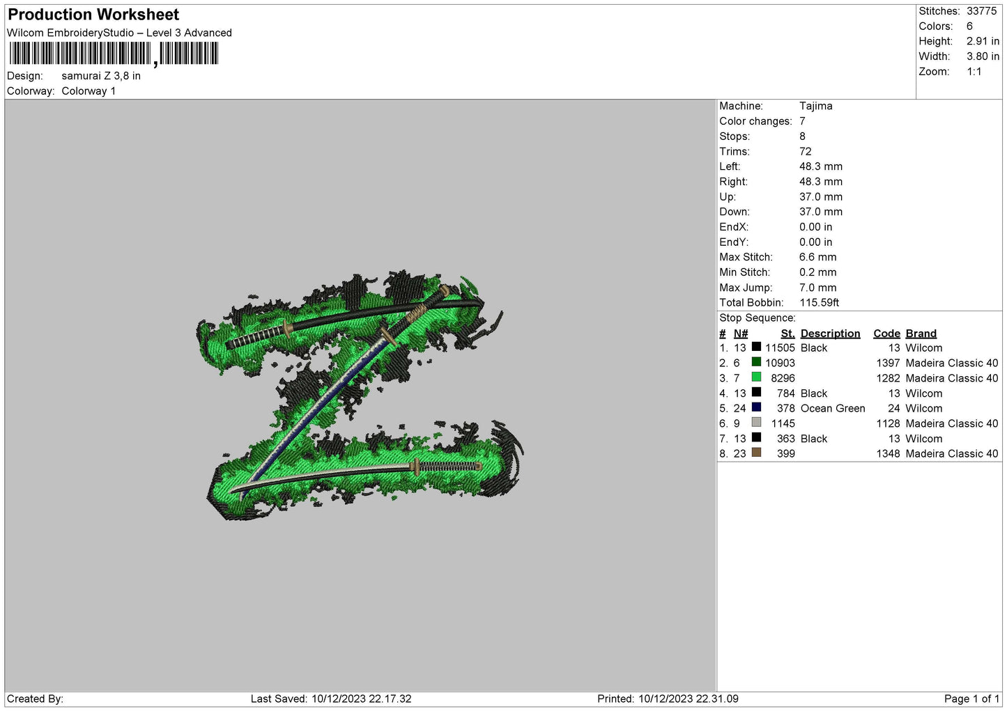 Samurai 1012 Embroidery File 6 sizes
