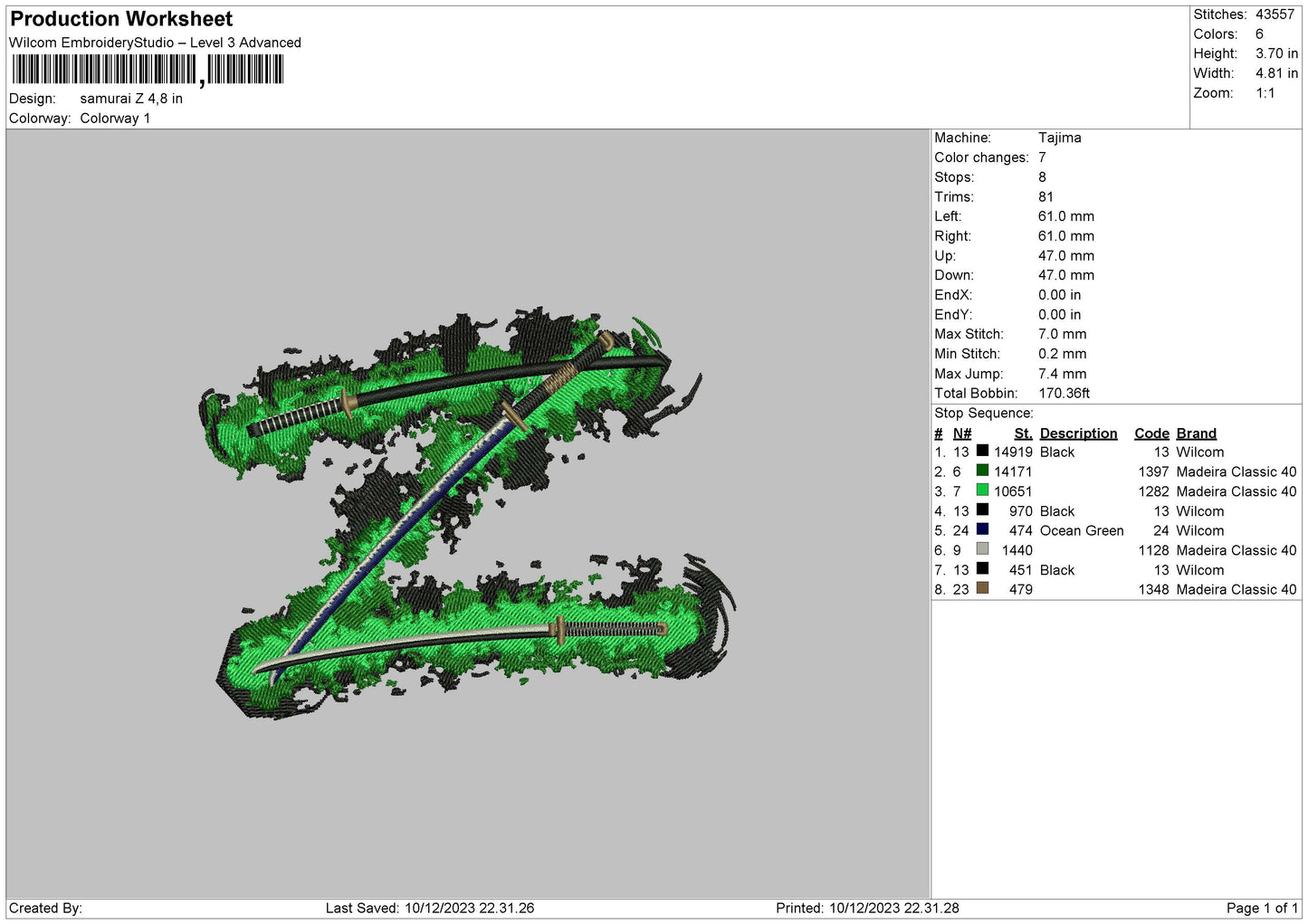 Samurai 1012 Embroidery File 6 sizes