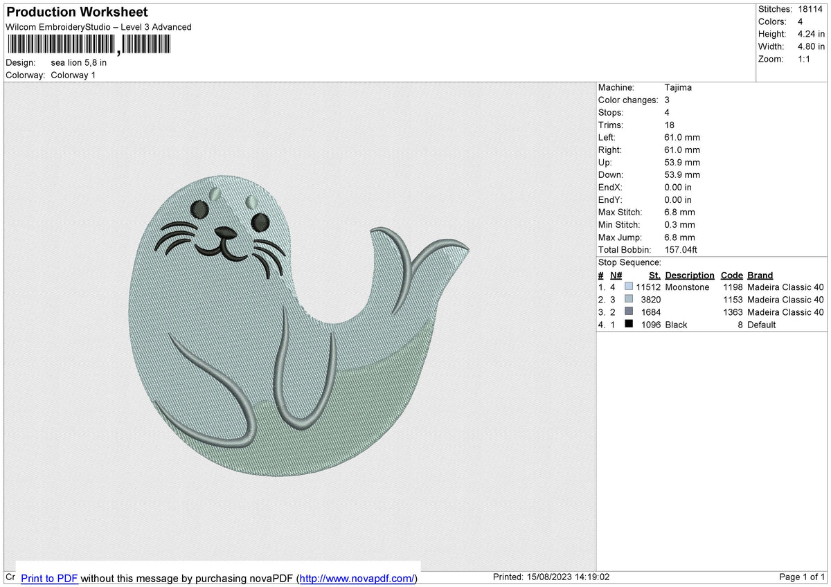 Sea Lion Embroidery File 6 size