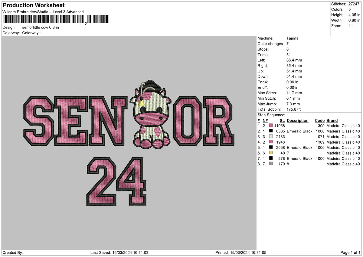 Seniorcow Embroidery File 6 sizes